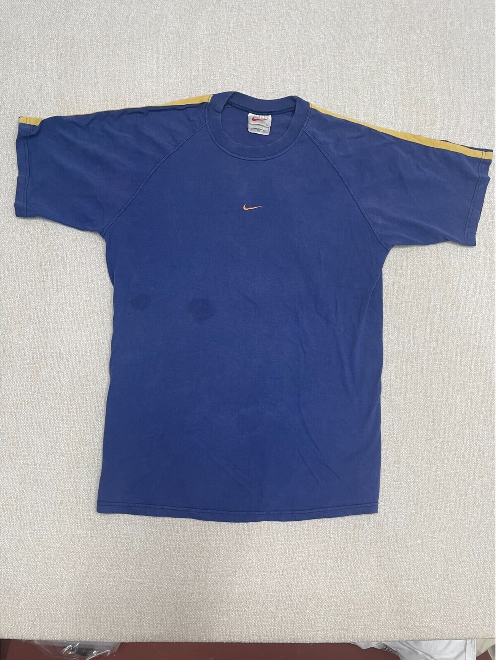 Vintage 90s Nike Mens Medium Blue Yellow Center Swoosh Raglan T Shirt USA Made